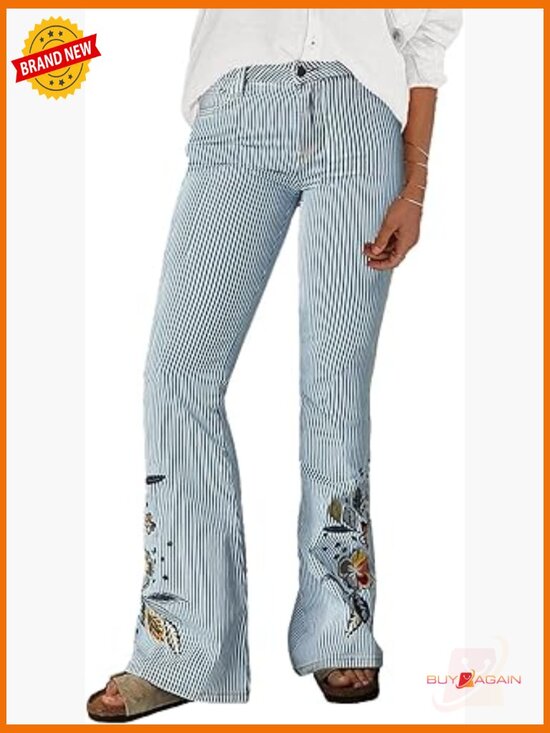 Denim - Women's Low Rise Bootcut Jeans with Striped Embroidery Casual Pants